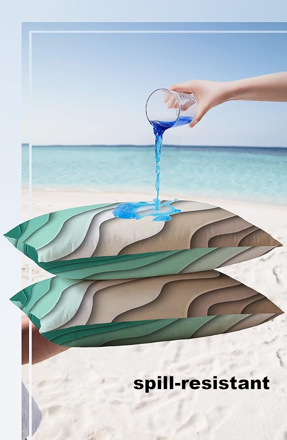 Outdoor Waterproof Pillow Covers for Patio Furniture Green Modern Geometric Decorative Throw Pillow Cover Brown Ombre Abstract Pillowcases Set of 2 Cushion Case for Sofa Couch 20 x 12 Inches