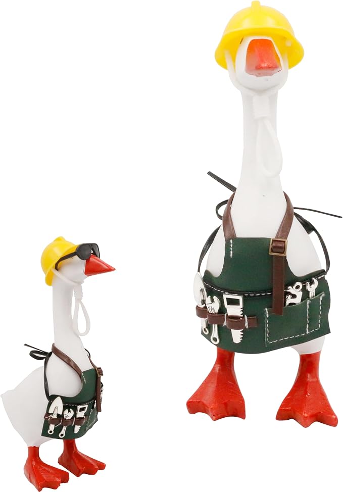 Desktop Goose Outfits 7 Inch Gardener Home Repair Set, Mini Tools Hat Apron Clothes, Desk Porch Goose Decor