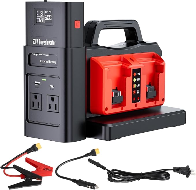 Pure Sine Wave Inverter Compatible with Milw-auke 18V Battery, 2 in 1 500W 4 Ports Power Inverter Battery Charger Generator DC 20V to AC* 2 Outlets, 120V Car Charger Plug, USB&Type-C (Tool Only)