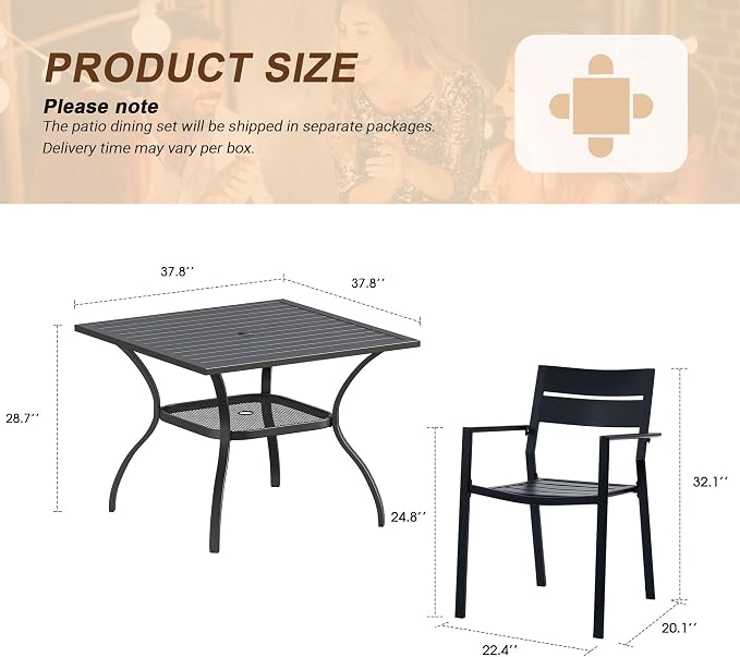 VICLLAX Patio 5 Pieces Outdoor Dining Set for 4, Wrought Iron Metal Outdoor Table and Chairs Set, 38" Square Table with Umbrella Hole and 4 Stackable Chairs for Lawn, Garden, Porch, Black