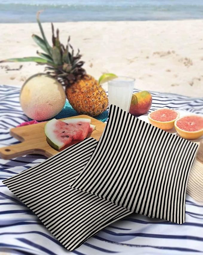 Outdoor Waterproof Throw Pillow Covers Set of 2 Black Stripes Pillowcases 26x26 Inches Linen Classic Vertical Striped Patio Decorative Pillows Cushion Case Patio Pillows for Couch Bed Chair Garden