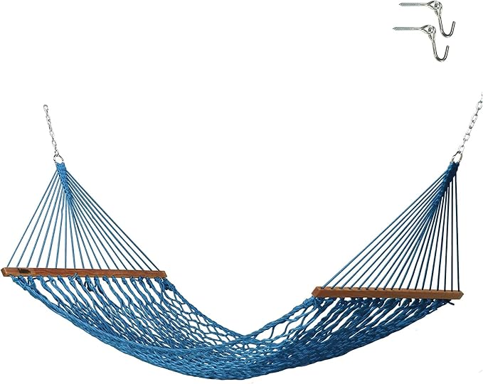 Hatteras Hammocks Small Coastal Blue DuraCord Rope Hammock – 11 ft. x 45 in., 450 lb Capacity, Cumaru Spreader Bar, Zinc-Plated Hardware, Handcrafted in The USA
