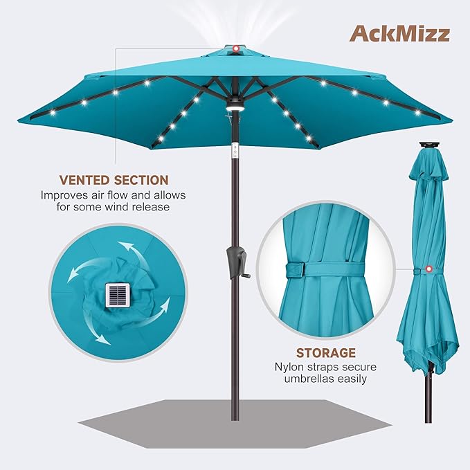 7.5ft Solar Umbrella Outdoor - Lighted Solar Patio Umbrella with 24 LED Lights Waterproof UV Protection, Table Umbrella with Tilt for Pool, Porch, Garden, Deck, Backyard (Aqua Blue)