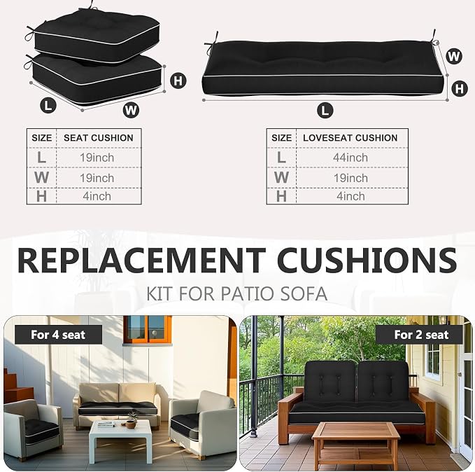 Wenqik 44 x 19 x 4 Inch Outdoor Bench Cushion Set of 3 Waterproof Tufted 1 Patio Loveseat Cushions and 2 Square Chair Seat Pad for Outdoor Furniture Couch Swing Sofa Wicker Settee(Black)