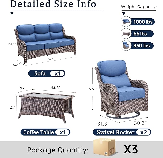 Luxury High Back Outdoor Furniture with 6-Inch Thick Cushions, Patio Furniture Set with Swivel Chairs, 4 PCS Wicker Conversation Set for Porch, Balcony, Deck and Yard
