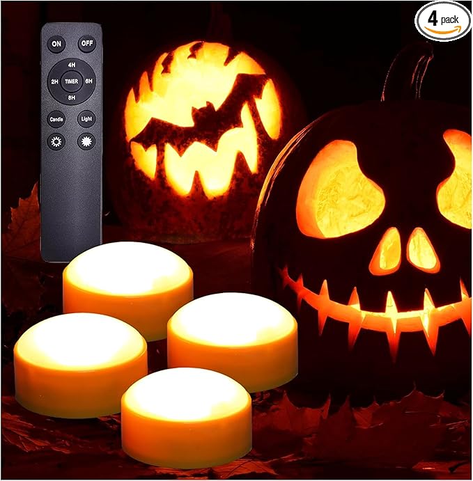 iZAN 4 Pack Battery Operated LED Pumpkin Lights with Remote and Timer, Bright Flickering Flameless Candle Set for Pumpkin Décor Jack-O-Lantern Halloween Party Home Christmas Decorations, Orange Color