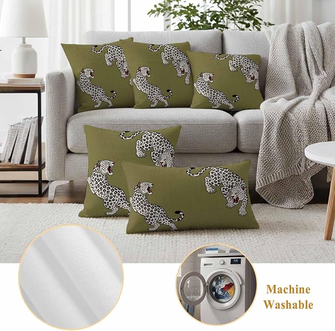 Vandarllin Outdoor Throw Pillows Covers 20x12 inch Set of 2 Waterproof Green Leopard Decorative Zippered Cushion Covers for Patio Furniture, Bohemian Animal Print Lumbar Pillowcases