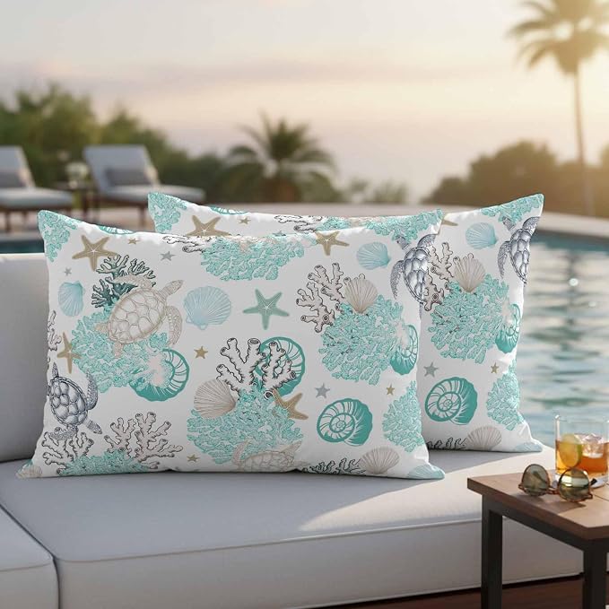 Summer Coastal Outdoor Throw Pillow Cover Ocean Sea Turtle Seaweed Waterproof Cushion Covers 2 Pack Teal Grey Abstract Art Pillow Cases Home Decoration for Patio Garden Couch Sofa 20x12In