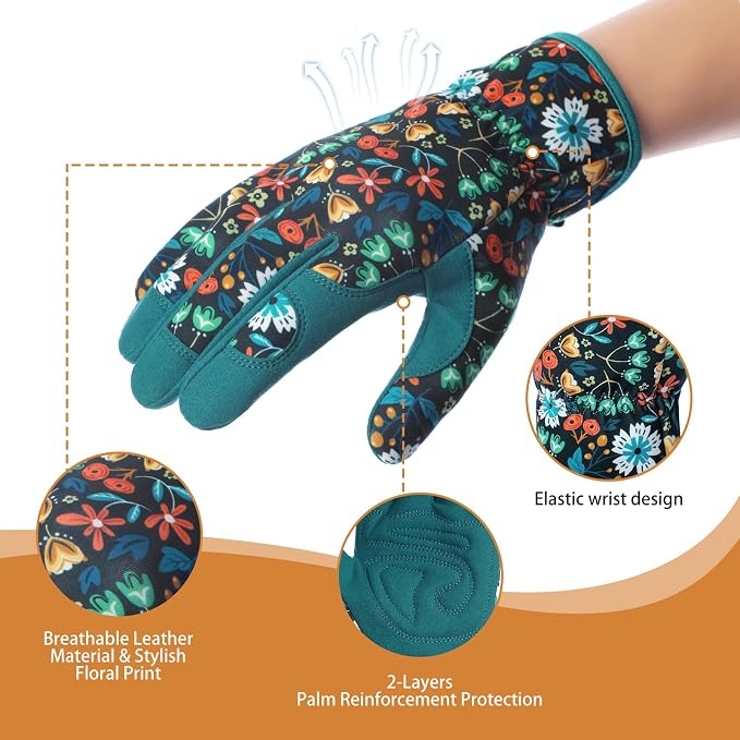 Tavaleu Gardening Gloves for Women Thorn Proof Puncture Resistant Leather | Breathable Microfiber Leather, Double-Layer Padded Palm, Ergonomic Fit, Elastic Wrist, Floral Pattern, Yard Working Gloves
