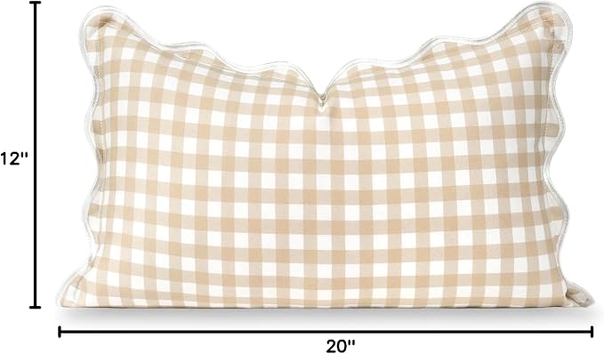 Hofdeco Premium Coastal Hampton Scalloped Patio Indoor Outdoor Lumbar Pillow Cover Only, 12"x20" Water Repellent for Backyard, Couch, Poolside, Neutral Tan Print Gingham