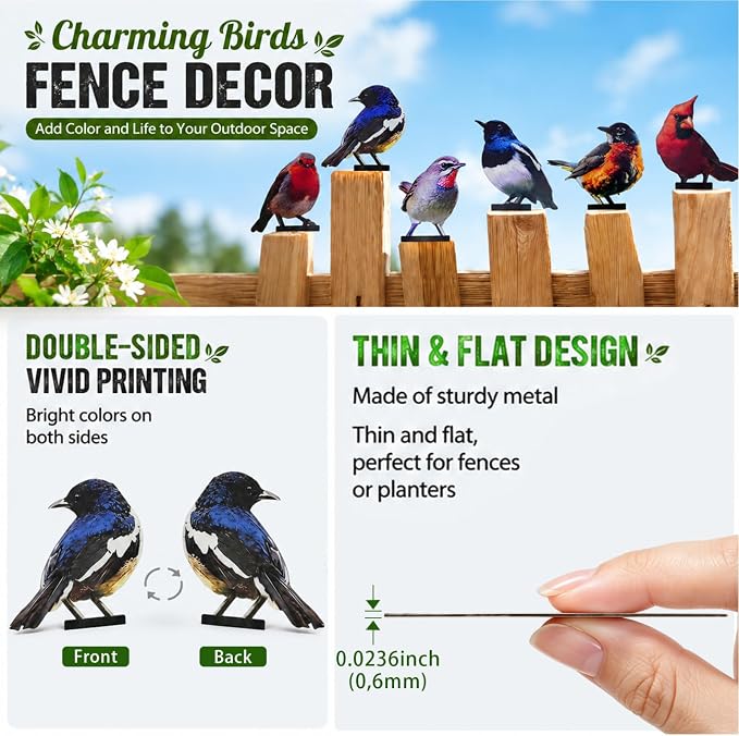 6 PCS Color Painted Metal Bird Sculptures - Vivid 2D Garden Decor for Outdoor Fences, Patio, Yard for Bird Lovers