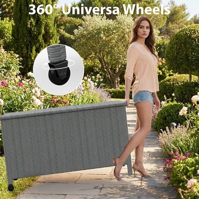 120 Gallon Waterproof Outdoor Wicker Deck Box, Large PE Rattan Storage Chest with Lockable Lid & Gas Strut, All-Weather Patio Storage Bench for Cushions Garden Tools, Grey