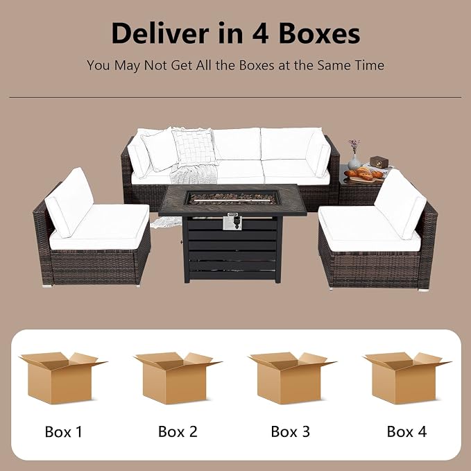 Tangkula 7-Piece Outdoor Patio Furniture Set with 42" Propane Fire Pit Table, Outdoor Wicker Conversation Set with Cushions and Tempered Glass Coffee Table, 50,000 BTU Gas Fire Pit Table (Turquoise)