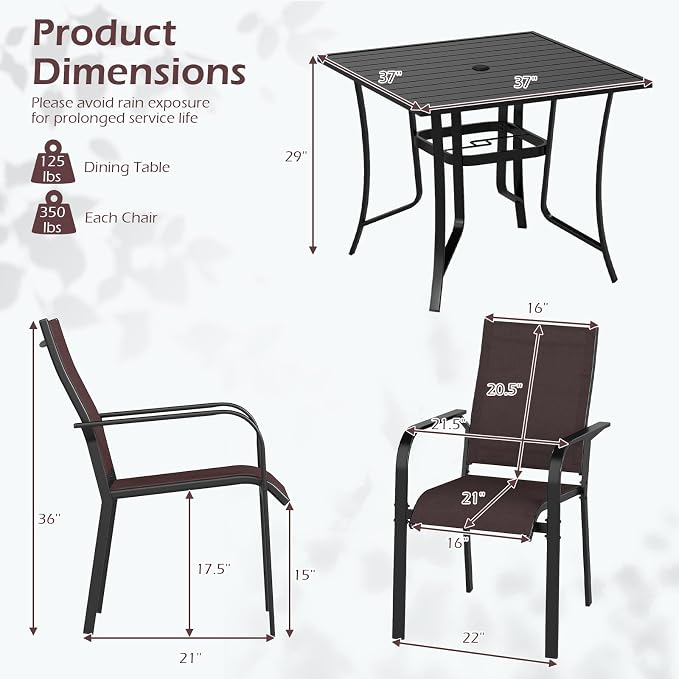 Tangkula 5 Pieces Patio Dining Set for 4, Outdoor Square Table and Stackable Chairs with Umbrella Hole, Outside Furniture Set for Backyard, Garden and Deck (37",Brown)