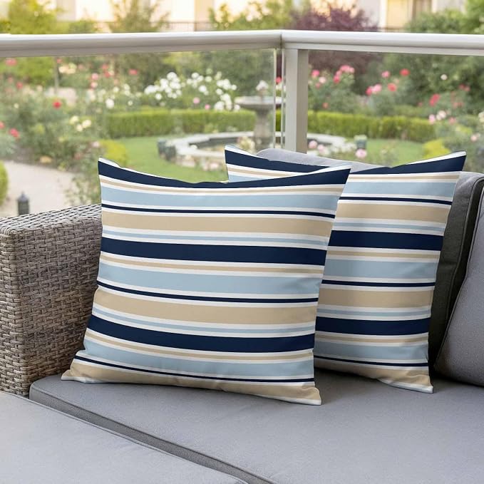 Navy Blue Khaki Striped Outdoor Pillow Cover 18x18 Inch Cushion Sham Case, Farmhouse Stripes Modern Abstract Art Waterproof Decorative Square Throw Pillowcase for Outside Garden Patio Porch Couch