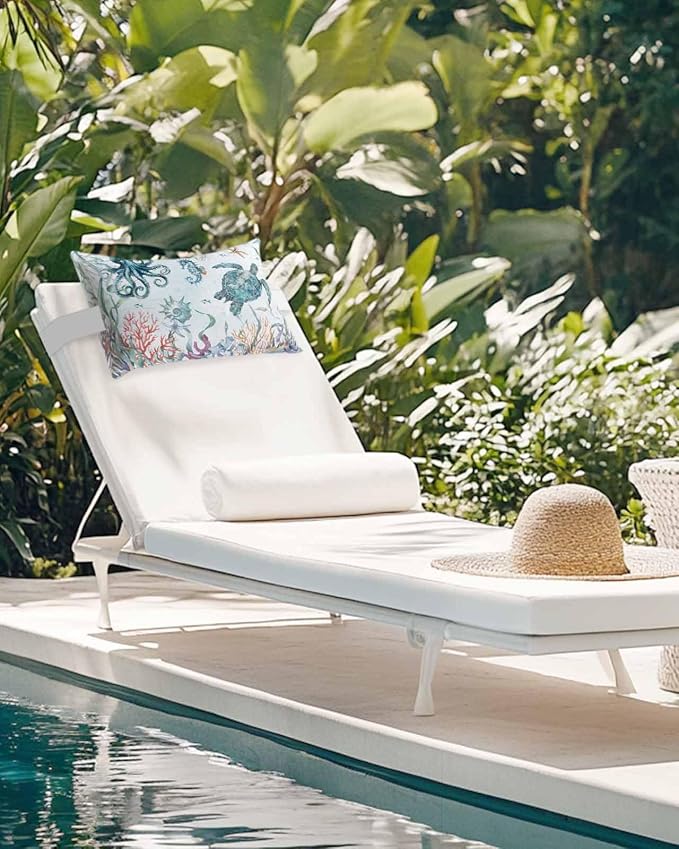 Sea Turtle Outdoor Pillows with Insert 12x20 Inch Marine Life Coral Shell Starfish Octopus Ocean Waterproof Headrest Pillows with Adjustable Strap Lounger Chair Throw for Patio Furnitures , 1 Pack