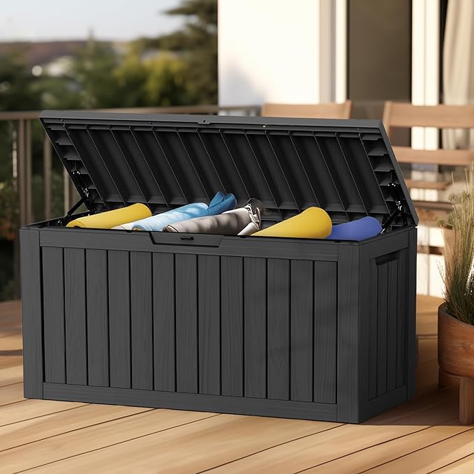 EasyUp 85Gal Outdoor Deck Box Waterproof, Lager Patio Storage Box Indoor and Outdoor Use, Lockable Resin Storage Bin for Patio Furniture Cushions Garden Tools, Package Delivery,UV Resistant-Black