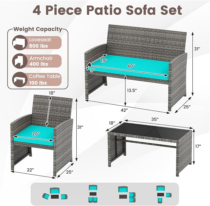 HAPPYGRILL 4 Piece Rattan Wicker Patio Conversation Set, Outdoor Furniture with Chair Loveseat Table & Cushion, for Backyard Porch Balcony (1, Turquoise)