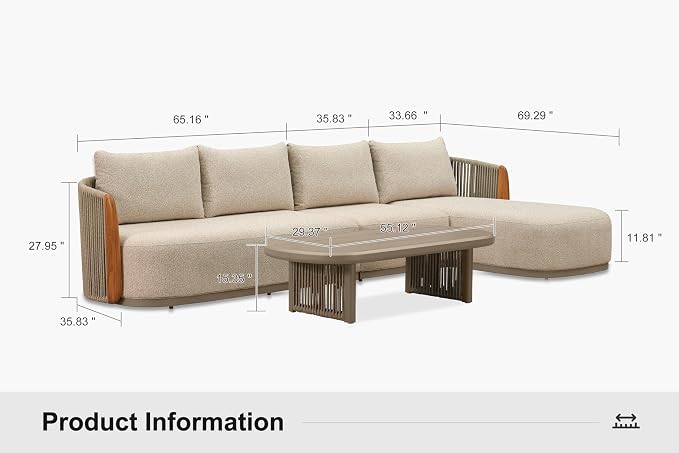 PURPLE LEAF Patio Conversation Sets, 4-Piece L-Shaped Patio Furniture Set with Chaise Lounge, Genuine Teak, Olefin Fabric & 9" Thick Backrest& Aluminum Rope Coffee Table - Outdoor Sectional Sofa