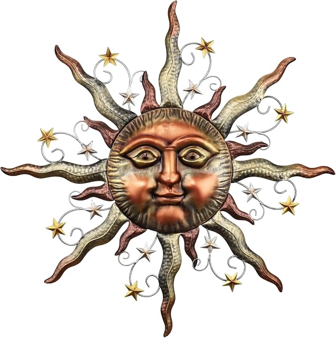 TERESA'S COLLECTIONS Sun Metal Wall Art for Outdoor Decor,25" Bronze Sun Face 3D Wall Decor for Garden Decor,Rustic Retro Hanging Sculpture for Outside Living Room Home Patio Farmhouse Gifts for Mom