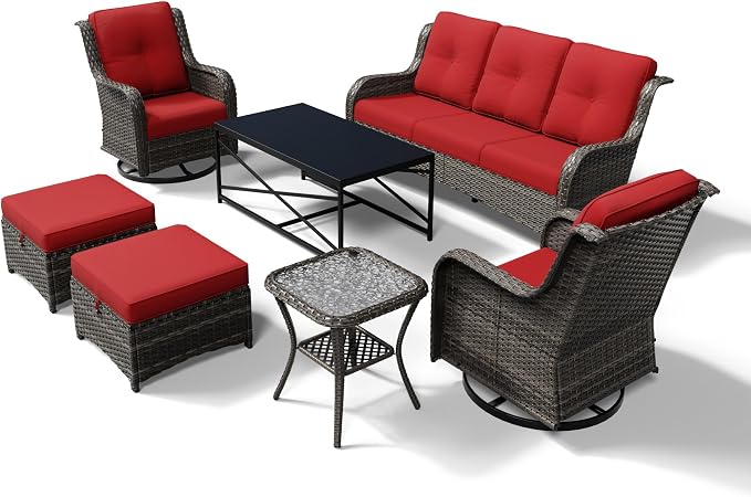 Joyside 7 Piece Wicker Patio Furniture Set, Outdoor Swivel Rocker Patio Chairs with High Back, Deep Seating, Wide Armrest, Thickened Cushions, Outdoor Furniture for Deck, Porch Use