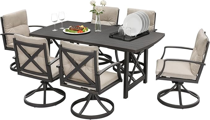 7 Pieces Outdoor Dining Set, Never-Rust Aluminum Patio Dining Set for 6, Outdoor Furniture Set, Patio Table and 6 Swivel Rocker Chairs for Deck, Garden, Backyard, Poolsides, Gunmetal