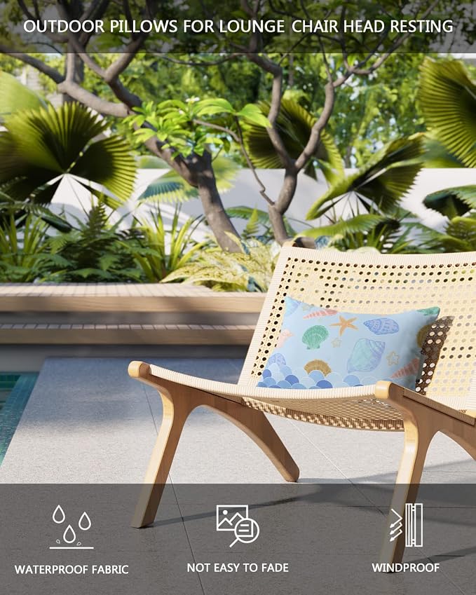 Outdoor Pillows Covers with Inserts Blue Ocean Shell Starfish Mermaid Fish Scales Waterproof Recliner Pillow with Adjustable Strap Throw Pillows for Patio Furniture Pool Lounge Chair, 11x16 inch, 1PCS
