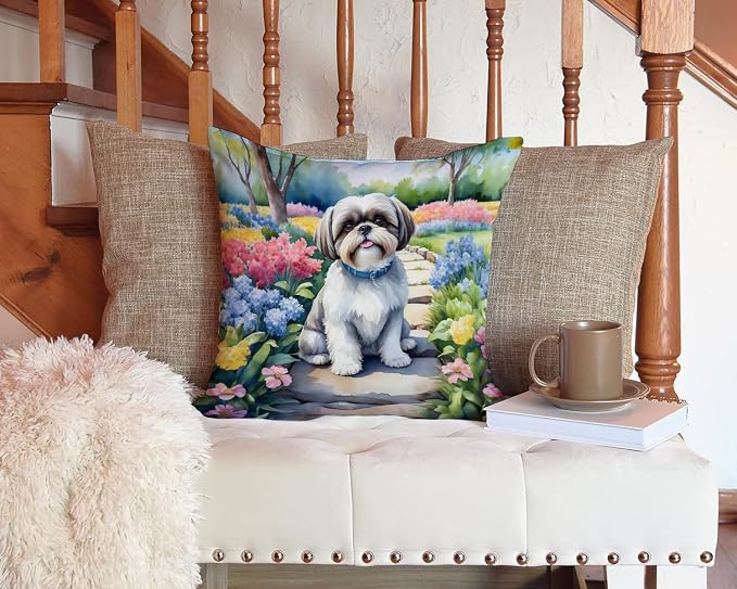 Caroline's Treasures Shih Tzu Spring Path Throw Pillow Machine Washable, Indoor Outdoor Decorative Pillow for Couch, Bed or Patio, 14Hx14W