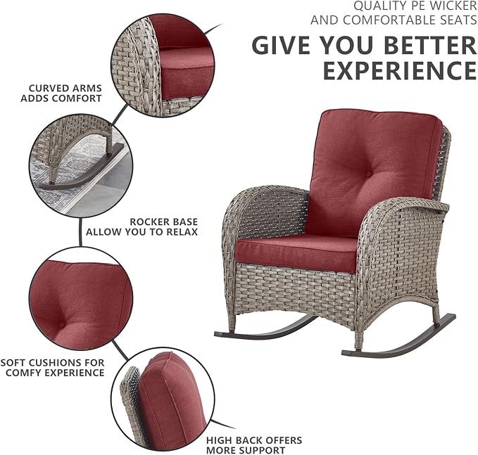 Belord 6 Pieces Wicker Patio Furniture Set with Patio Rocking Chairs, High Back Patio Conversation Set Outdoor Loveseat Glider with Ottoman and Rattan Side Table for Deck Sunroom Backyard