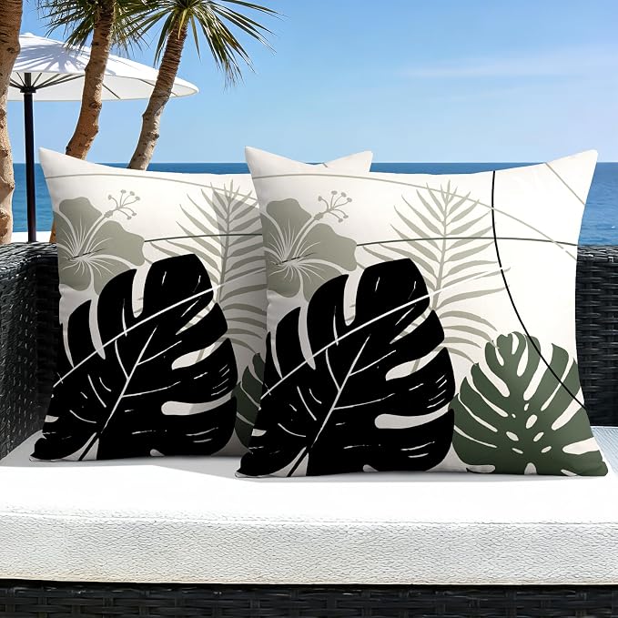 OTOSTAR Outdoor Waterproof Throw Pillow Covers 20x20 Inch Set of 2 Double-Sided Black Grey Tropical Leaf and Flower Spring Summer Decorative Pillow Cases for Patio Funiture Garden Balcony Couch