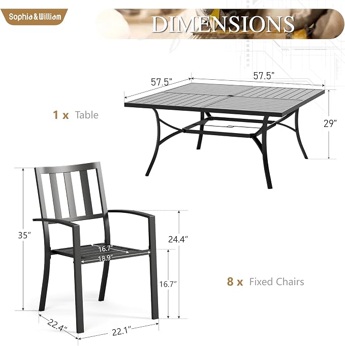 Sophia & William Patio Table and Chairs Set, Outdoor Dining Set for 8, 9 Piece Metal Patio Furniture, 60" Black Square Table(Stripe)