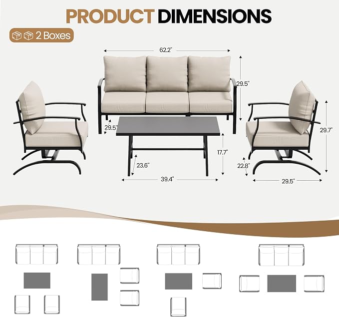 4 Piece Patio Furniture Set, Metal Outdoor Patio Furniture Set, All Weather Modern Couch Sofa with Comfortable Cushions & Coffee Table, Metal Conversation Set for Balcony, Porch, Deck (Khaki)