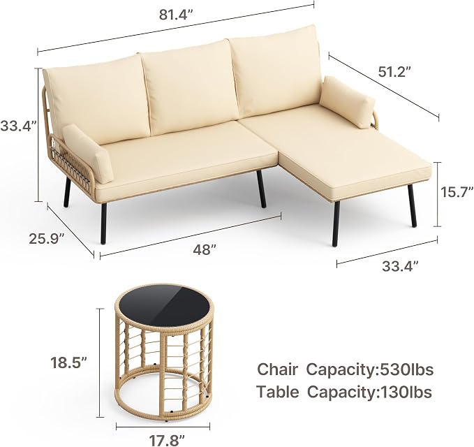 Gizoon 3-Piece Outdoor Patio Furniture Set, All-Weather PE Wicker L-Shaped Conversation Sofa with Thick Cushions & Glass Table, for Backyard, Porch, Balcony, Poolside (Beige)