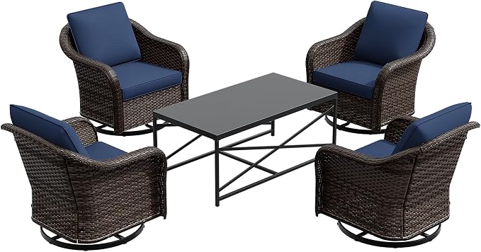 5 Pieces Outdoor Patio Conversation Furniture Set, 4 Pieces Rattan Glider 360 Degree Swivel Rocker Chairs with Removable Cushions, Coffee Table for Porch, Poolside (Navy Blue)