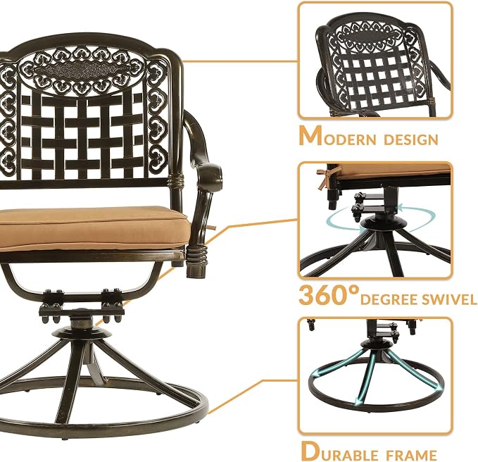 7-Piece Outdoor Patio Dining Set, 60” Rectangular Cast Aluminum Dining Table with Umbrella Hole and 6 Cushioned Swivel Rocker Chairs, Patio Funiture Set for Backyard, Patio, Garden