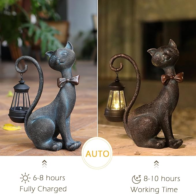 Cat Outdoor Statues with Solar Garden Light:Cat Garden Statues for Outside Fall Decor Clearance,Outdoor Figurine for Yard Art Lawn Ornaments Patio Balcony Home House - Birthday Gifts for mom Grandma
