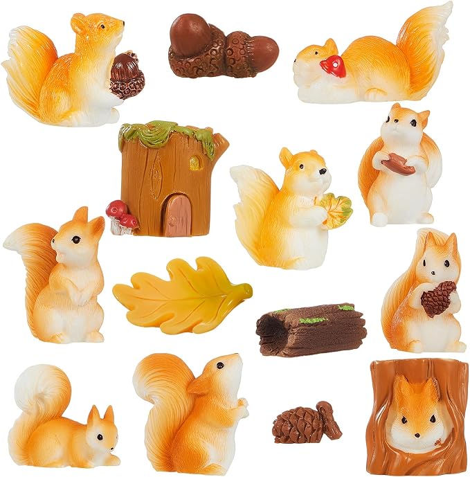 Maitys Miniature Squirrel Fall Christmas Mini Figurine Garden Accessories Tiny Resin Squirrel Fairy Plastic Miniature Things Figurines for Outdoor Garden Lawn Pot DIY Decorations(Novel Style)
