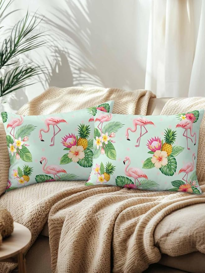 Outdoor Waterproof Throw Pillows 12x20in, Summer Flamingos Tropical Leaf Patio Pillows Pack of 2, Decorative Pillow Covers with Insert, Pillow Cushion Case for Garden Couch Sofa Pink Flower Pineapple