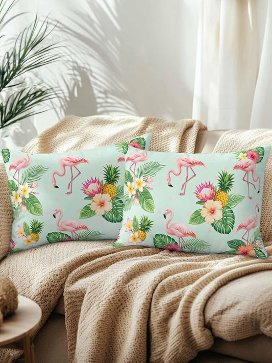 Outdoor Waterproof Throw Pillows 12x20in, Summer Flamingos Tropical Leaf Patio Pillows Pack of 2, Decorative Pillow Covers with Insert, Pillow Cushion Case for Garden Couch Sofa Pink Flower Pineapple