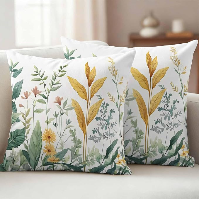 Outdoor Pillow Covers 18x18 Set of 2, Yellow Green Botanical Waterproof Patio Throw Pillow Covers for Couch Sofa Chair, Rustic Watercolor Leaves Decorative Pillowcases for Throw Pillows