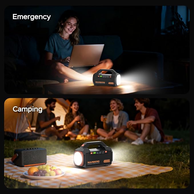 MARBERO Portable Charger Power Bank 48,000mAh Emergency 177.6Wh Portable Power Station, Fast Charging USB-C 60W PD Bright LED Flashlight & Panel for Travel, Camping, Business Trips & Outages