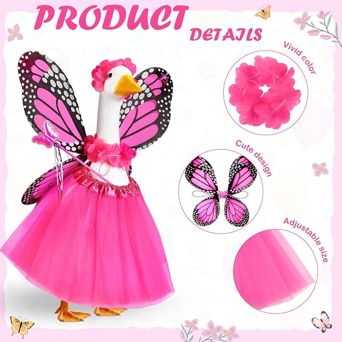 5pcs Butterfly Porch Goose Outfit Costume Tutu Skirt Butterfly Wing Wand Flower Crown for 17‘' 23‘' Cement Goose