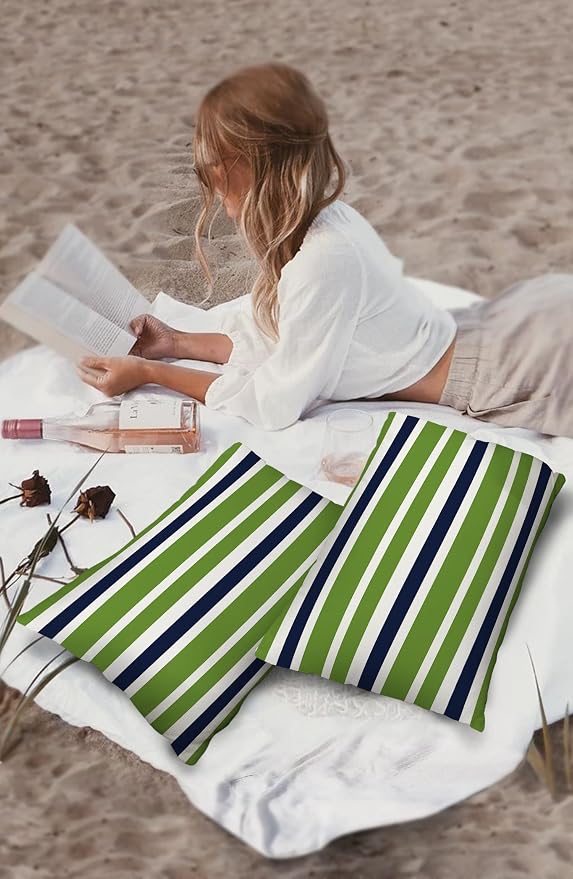 Outdoor Waterproof Pillow Covers for Patio Furniture Navy Blue Green Stripes Decorative Throw Pillow Cover Lime Green Stripes Pillowcases Set of 2 Cushion Case for Sofa Couch Chair 20 x 12 Inches