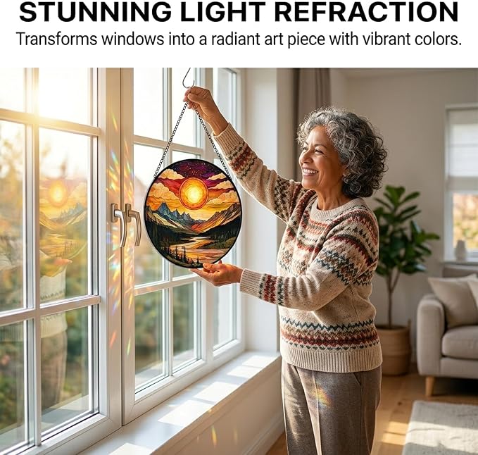 Birthday Gifts for Women - Sunset Mountains River Faux Stained Glass Window Hanging Sun Catcher for Door Garden Acrylic Decor Mother's Day Christmas for Mom Nana Men Grandma Wife 6.3"