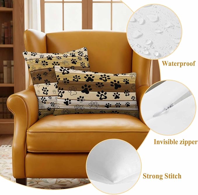 Outdoor Pillow Covers,Dog Paw Print Decorative Throw Pillow Cover Waterproof Pillowcase Set of 2,Linen Cushion Case for Sofa Couch Bed 26x26 Inch,Farm Vintage Brown Wood Board