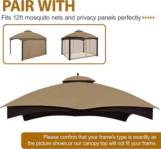 CoastShade Patio 10X12 Replacement Canopy Roof for Lowe's Allen Roth 10X12 Gazebo Backyard Double Top Gazebo(Khaki#GF-12S004B-1)