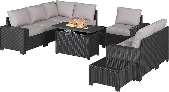 Aoxun Patio Furniture Sets with 44'' Fire Pit, 10 Pcs Outdoor Patio Coversation Set with 4'' Thicken Cushion, Widen Armrests Wicker Outdoor Sectional for Backyard & Garden, Black