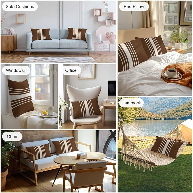 Vandarllin Outdoor Throw Pillows Covers 20x12 inch Set of 2 Waterproof Brown Vertical Stripes Decorative Zippered Cushion Covers for Patio Furniture, Classic Striped Linen Lumbar Pillowcases