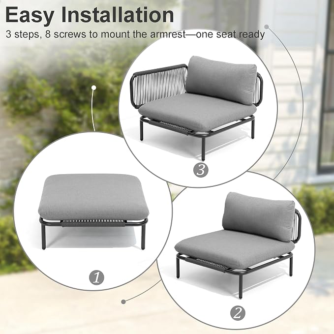 6 Piece Modern Outdoor Sectional Sofa, 31" Oversized Patio Furniture Set with Olefin Woven Rope, Weather-Resistant Metal Frame and Removable Cushion, Dark Grey