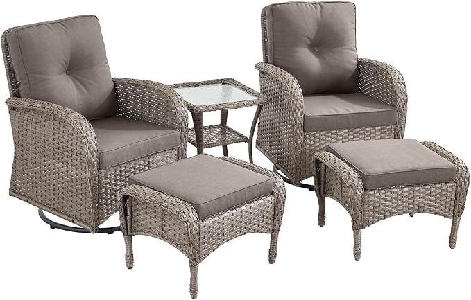 5 Pieces Outdoor Wicker Patio Furniture Set-High Back Outdoor Rocking Chairs Set of 2 with Ottoman Patio Conversation Sets for Deck Lawn Porch Balcony Poolside-Grey/Grey